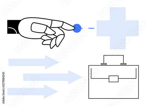 Robotic hand activates interface with digital cross and briefcase icons, accompanied by directional arrows. Ideal for technology, AI, innovation, healthcare, automation, business progress. Abstract