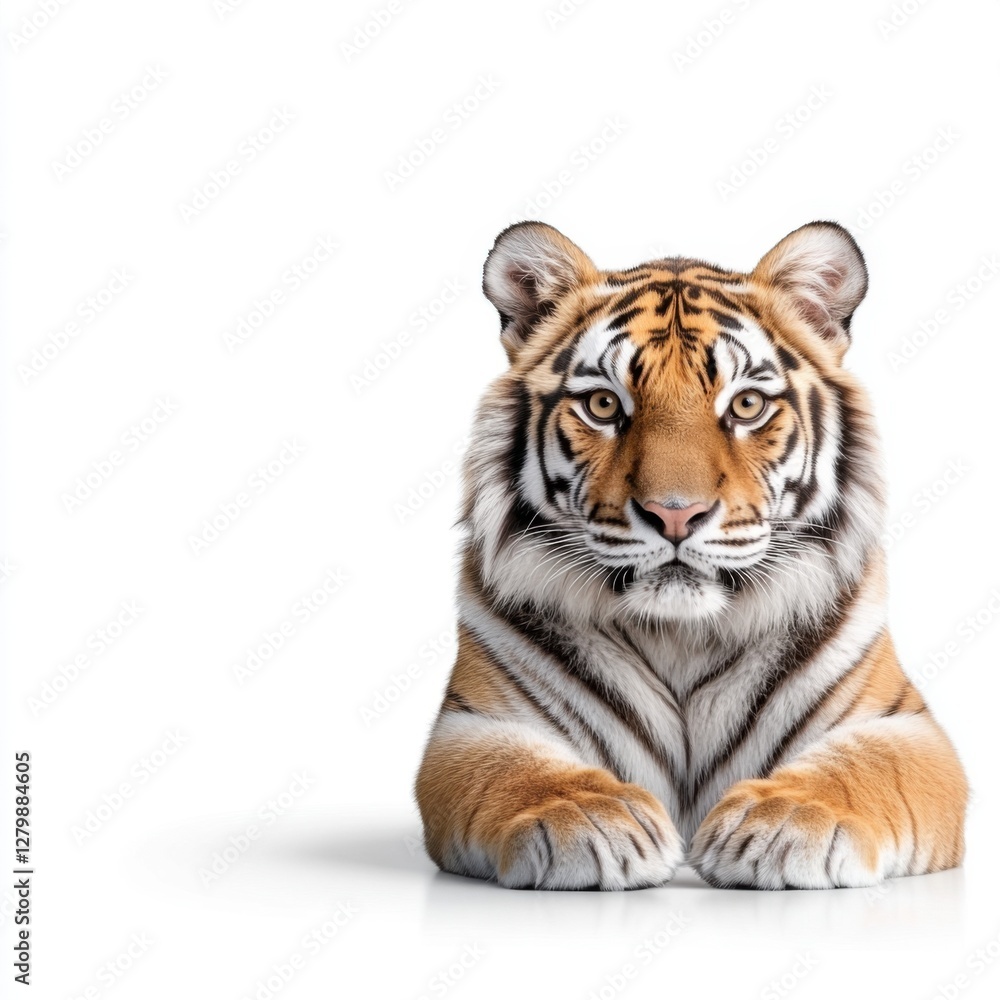 Naklejka premium Majestic Close-Up Portrait of a Realistic Tiger Relaxing on a White Background