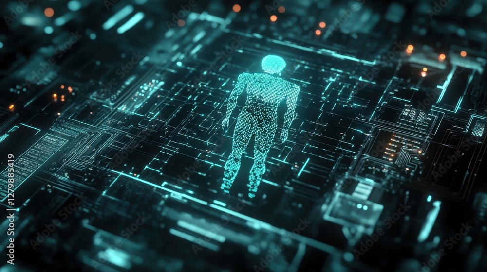 A high-tech scene with a glowing AI icon on a sleek black circuit board in a digital setting. A high-tech scene with a glowing AI icon on a sleek black circuit board in a digital setting.