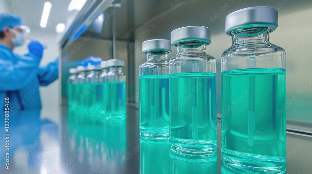 Rows of teal liquid-filled vials in a sterile lab setting, a scientist in the background. Focus on the vials in the foreground. Rows of teal liquid-filled vials in a sterile lab setting, a scientist in the background. Focus on the vials in the foreground.