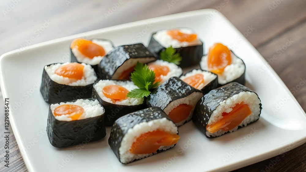 Close-up of delicious onigiri with smoked salmon, a traditional Japanese dish made of stuffed rice balls, homemade, Japanese cuisine, rice balls Close-up of delicious onigiri with smoked salmon, a traditional Japanese dish made of stuffed rice balls, homemade, Japanese cuisine, rice balls