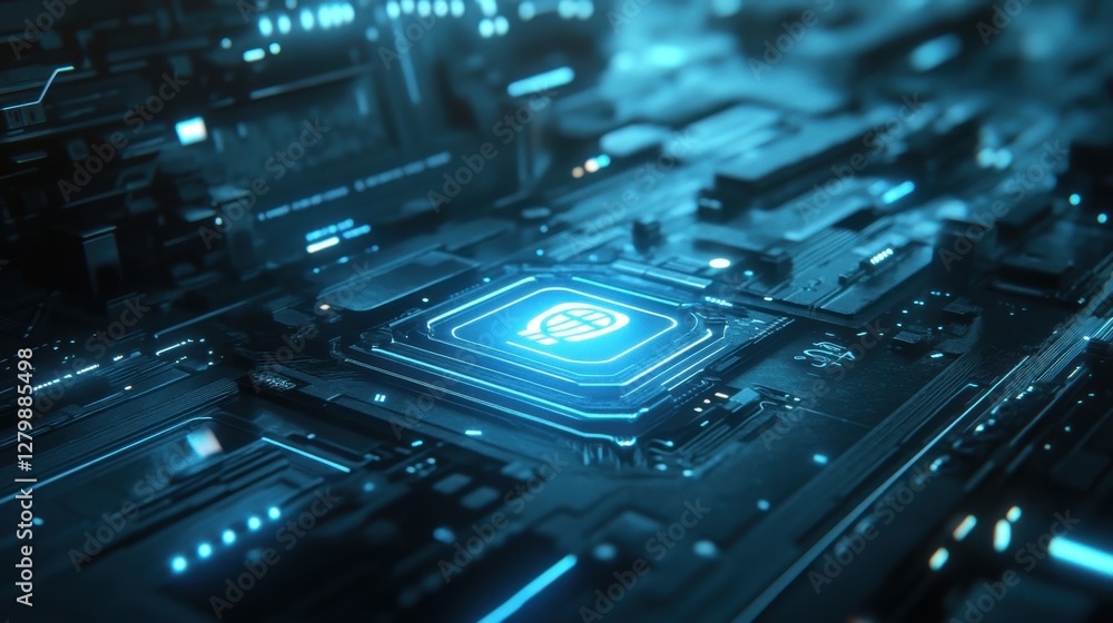 Fototapeta premium A high-tech scene with a glowing AI icon on a sleek black circuit board in a digital setting.