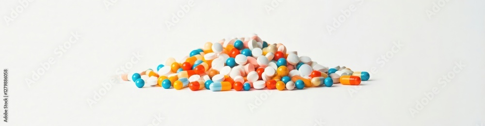 Pile of colorful pills and medicines on a white background with a clipping path Pile of colorful pills and medicines on a white background with a clipping path