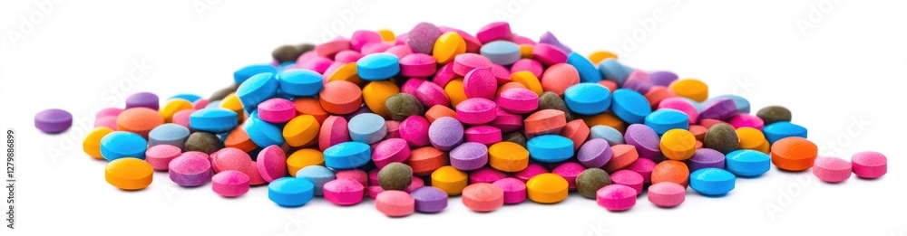 Pile of colorful pills and holiday tablets isolated on a white background with a clipping path Pile of colorful pills and holiday tablets isolated on a white background with a clipping path