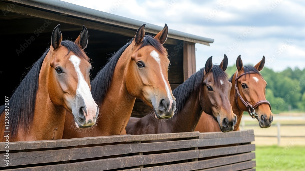 Group of Beautiful Brown Horses Peering from Barn in Scenic Countryside Setting Under Clear Blue Sky Group of Beautiful Brown Horses Peering from Barn in Scenic Countryside Setting Under Clear Blue Sky