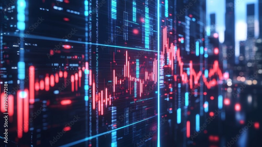 A futuristic digital banner displaying a shattered stock market graph in glowing blue and red hues, perfect for business use. A futuristic digital banner displaying a shattered stock market graph in glowing blue and red hues, perfect for business use.