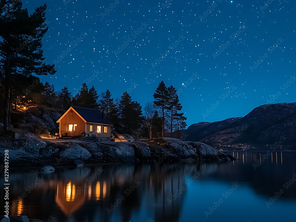 Fototapeta premium Starry Night Cabin by Lakeside