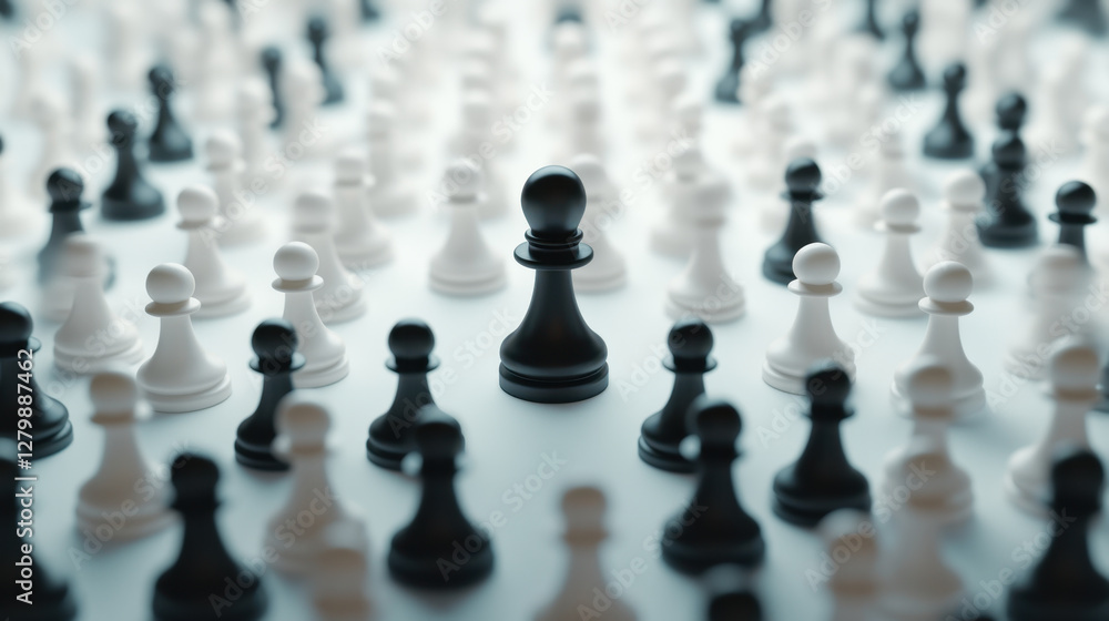 black pawn stands out among sea of white and black chess pieces, symbolizing strategy and competition in game of chess. contrasting colors create striking visual effect black pawn stands out among sea of white and black chess pieces, symbolizing strategy and competition in game of chess. contrasting colors create striking visual effect