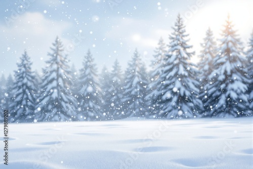 Wallpaper Mural Snow-covered landscape with snowflakes falling, featuring evergreen trees in the background under soft sunlight. Concept of winter, nature, and tranquility. Ai generative Torontodigital.ca