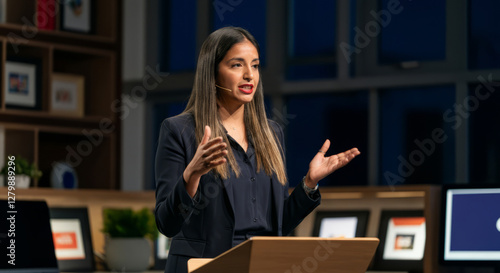 A woman is standing in front of a podium and speaking into a microphone