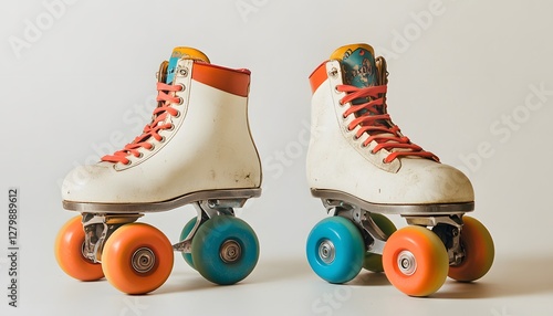 Pair of vintage roller skates with colorful wheels displayed