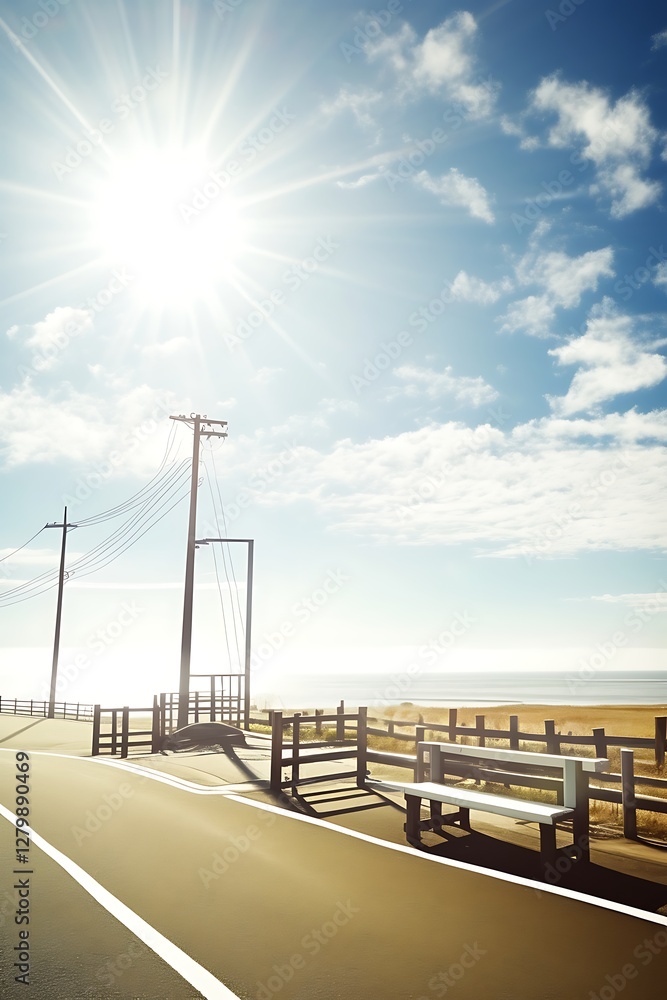Sunny coastal road with bench and horizon Sunny coastal road with bench and horizon