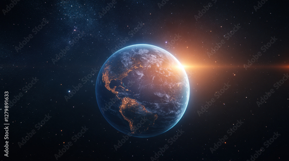 Obraz premium stunning view of Earth illuminated by sunlight, showcasing vibrant continents and twinkling city lights against backdrop of space