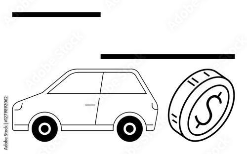 Compact car and coin with dollar sign in bold black outline. Ideal for finance, savings, auto loans, insurance, budgeting, transportation, economic planning. Abstract line flat metaphor