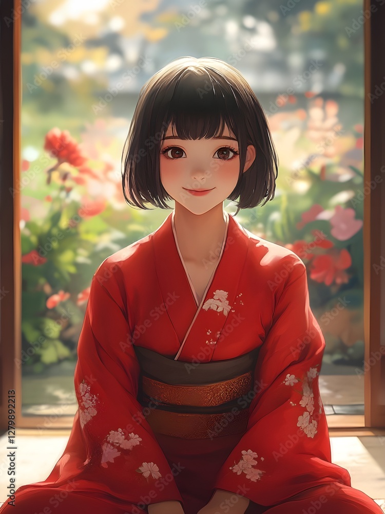 着物で座って挨拶する女の子, Girl in red kimono sitting and greeting, red yukata and happy girl 着物で座って挨拶する女の子, Girl in red kimono sitting and greeting, red yukata and happy girl