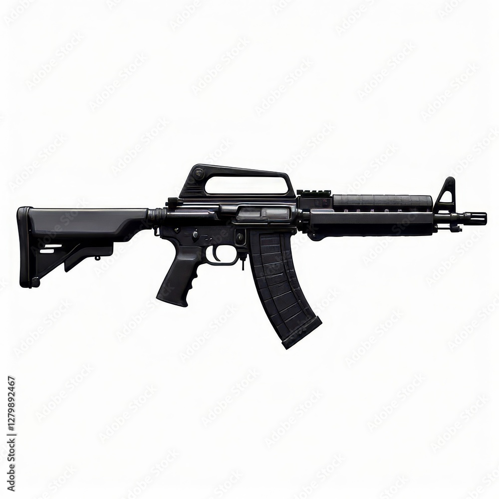 Assault rifle with curved magazine and carry handle