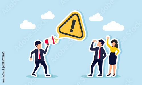 A businessman talks to another entrepreneur use a megaphone, creating an exclamation mark symbolize attention, illustration of a warning to be more cautious and careful in business