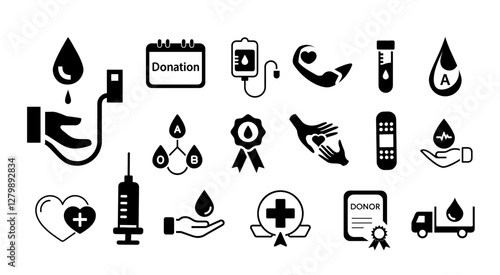 Blood and plasma donation symbols and icons set in black silhouette style