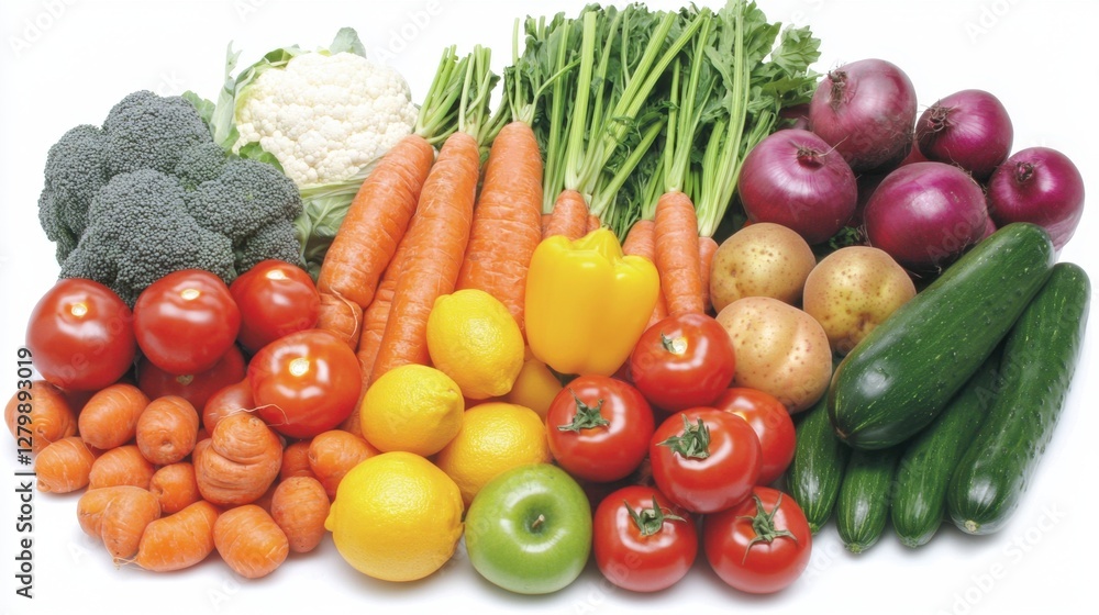 A healthy collection of fresh vegetables and fruits on a crisp white background, symbolizing nutrition and vitality. A healthy collection of fresh vegetables and fruits on a crisp white background, symbolizing nutrition and vitality.