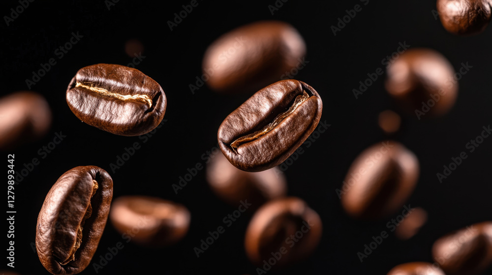 Fototapeta premium Falling coffee beans create dynamic scene against black background, showcasing their rich texture and color. image captures essence of coffee culture and freshness