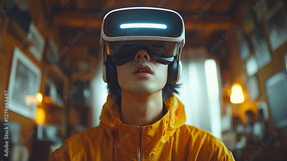 A young man wearing virtual glasses. A young man wearing virtual glasses.