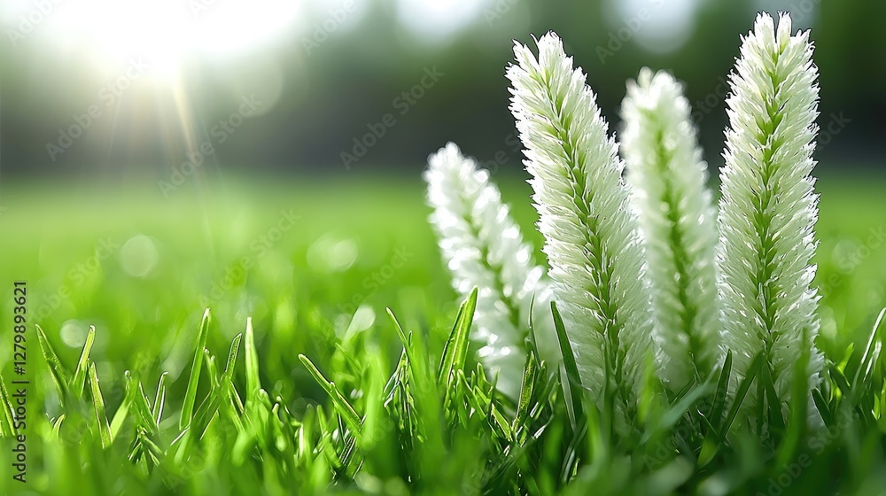 White flowers in green grass, sunny day, park background, nature scene White flowers in green grass, sunny day, park background, nature scene