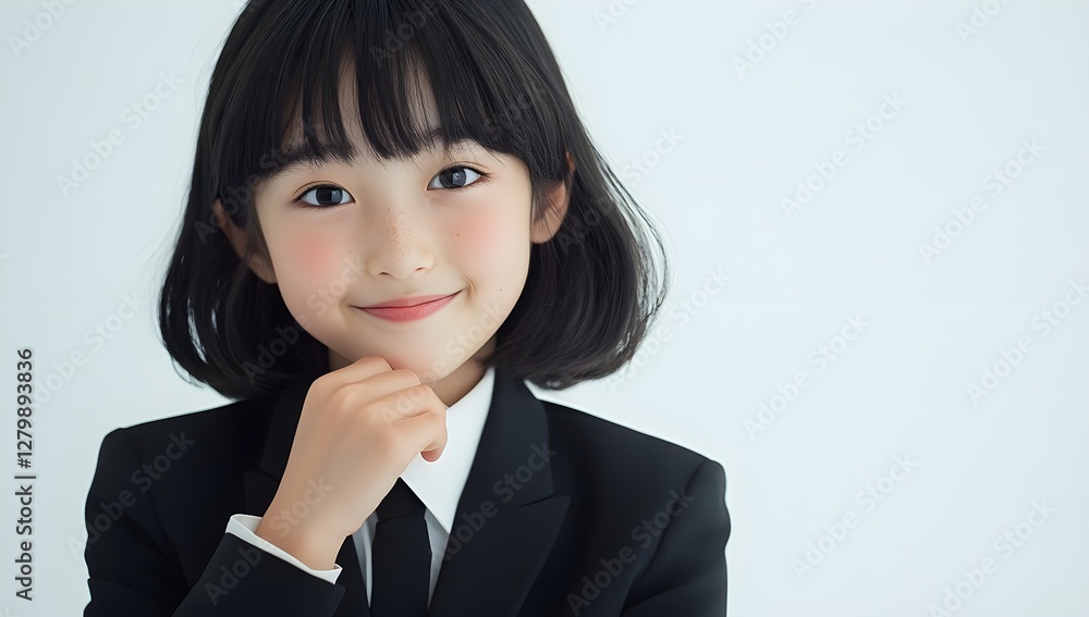顔に手を当てて考える女子生徒, Female student thinking with her hand on her face and smiling looking at the camera 顔に手を当てて考える女子生徒, Female student thinking with her hand on her face and smiling looking at the camera