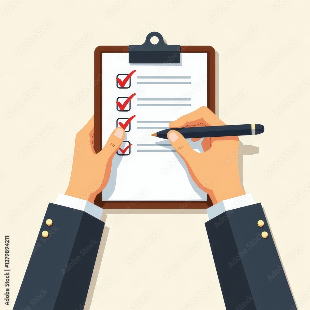 Businessman checks off clipboard task list with red marks Businessman checks off clipboard task list with red marks