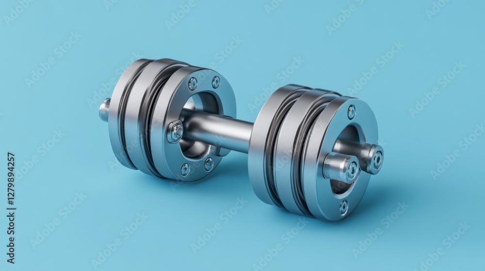Silver Dumbbell on Blue Background for Fitness, Weightlifting, and Gym Exercise Equipment Demonstration Silver Dumbbell on Blue Background for Fitness, Weightlifting, and Gym Exercise Equipment Demonstration