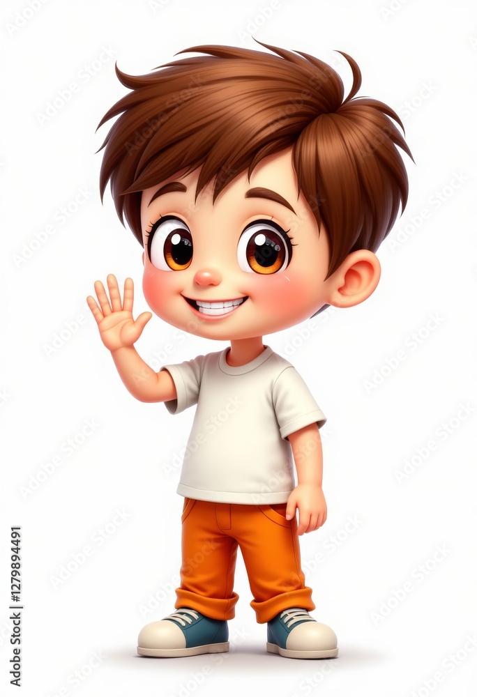 Cartoon Boy Waving Hello with a Smile on White Cartoon Boy Waving Hello with a Smile on White