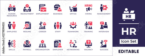 Flat HR and business management icon set featuring recruitment, hiring, employee management, corporate office, teamwork, leadership, and professional development.