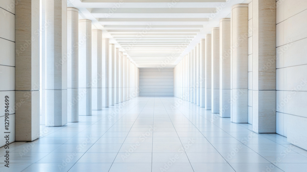 Obraz premium modern corridor with symmetrical columns and bright lighting creates serene atmosphere. clean lines and minimalist design enhance spacious feel of area