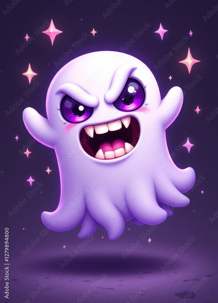 Cartoon Ghost with Purple Eyes and Star Sparkles Cartoon Ghost with Purple Eyes and Star Sparkles