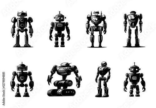robot silhouette set, isolated background