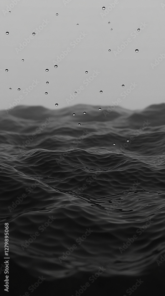 Serene black and white ocean waves with raindrops falling, creating a tranquil atmosphere Serene black and white ocean waves with raindrops falling, creating a tranquil atmosphere
