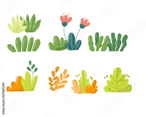 Colorful Bush and Leaves Illustration Set