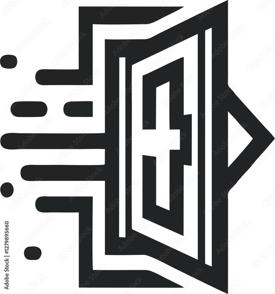 Obraz premium This sleek icon represents an emergency exit, featuring a door with an arrow indicating the direction of escape. The modern design and bold lines create a clear visual message, making it ideal for saf