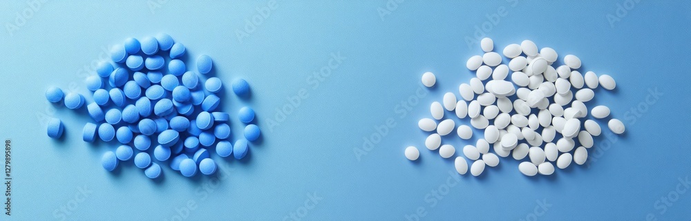 Top view of blue and white pills Top view of blue and white pills