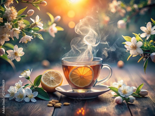 Double exposure reveals Earl Grey's citrus heart; misty morning steam swirls around a steaming cup.