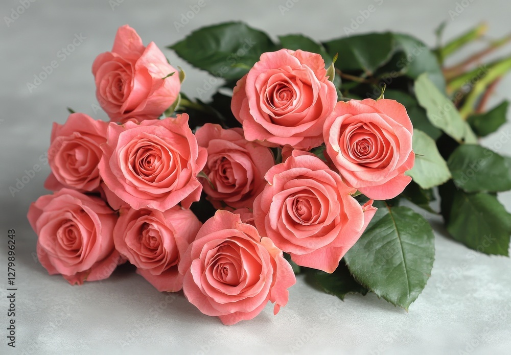 Beautiful Bunch of Pink Roses on Grey Surface with Lush Green Leaves, Perfect for Celebrations, Gifts, and Floral Arrangements in Soft Lighting Beautiful Bunch of Pink Roses on Grey Surface with Lush Green Leaves, Perfect for Celebrations, Gifts, and Floral Arrangements in Soft Lighting