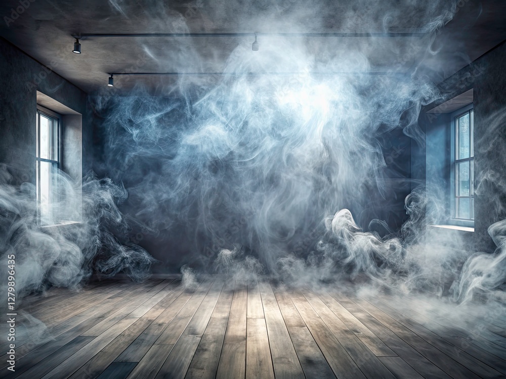 Fototapeta premium Dramatic studio shot: grey haze, empty room, ideal for moody product photography.