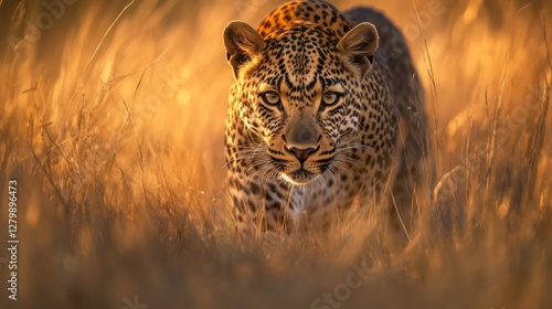 Leopard in golden grass, alert, wildlife, nature, Africa photo