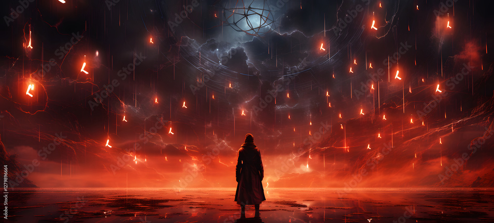 A dark red lightning background with glowing mathematical formulas and abstract figures in the foreground A dark red lightning background with glowing mathematical formulas and abstract figures in the foreground