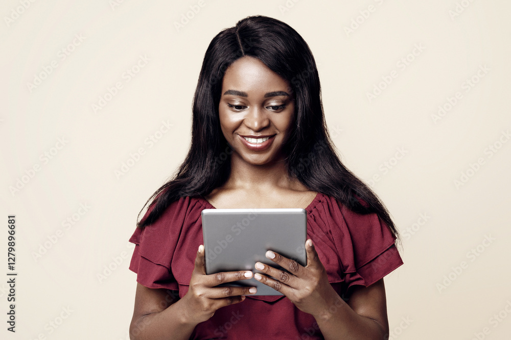 Happy african american young woman in casual outfit using brand new digital tablet, checking newest dating mobile application or playing online game, beige studio background, copy space Happy african american young woman in casual outfit using brand new digital tablet, checking newest dating mobile application or playing online game, beige studio background, copy space