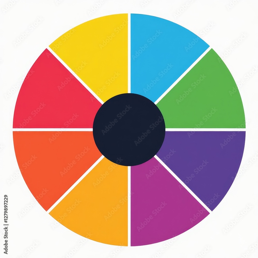 Colorful segmented wheel with dark center and white background Colorful segmented wheel with dark center and white background