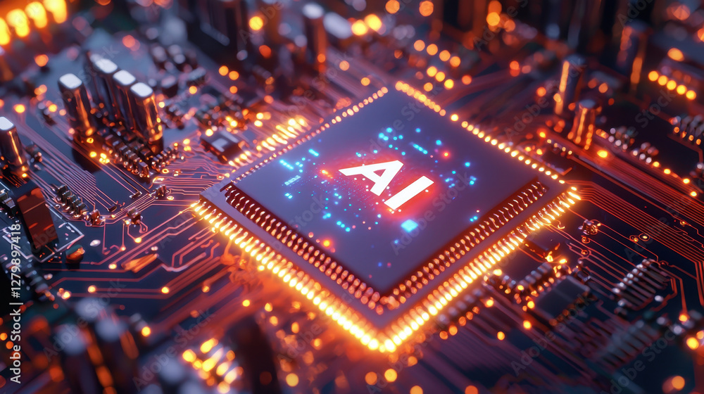AI chip on circuit board with glowing lights and intricate details, showcasing advanced technology and innovation in artificial intelligence AI chip on circuit board with glowing lights and intricate details, showcasing advanced technology and innovation in artificial intelligence