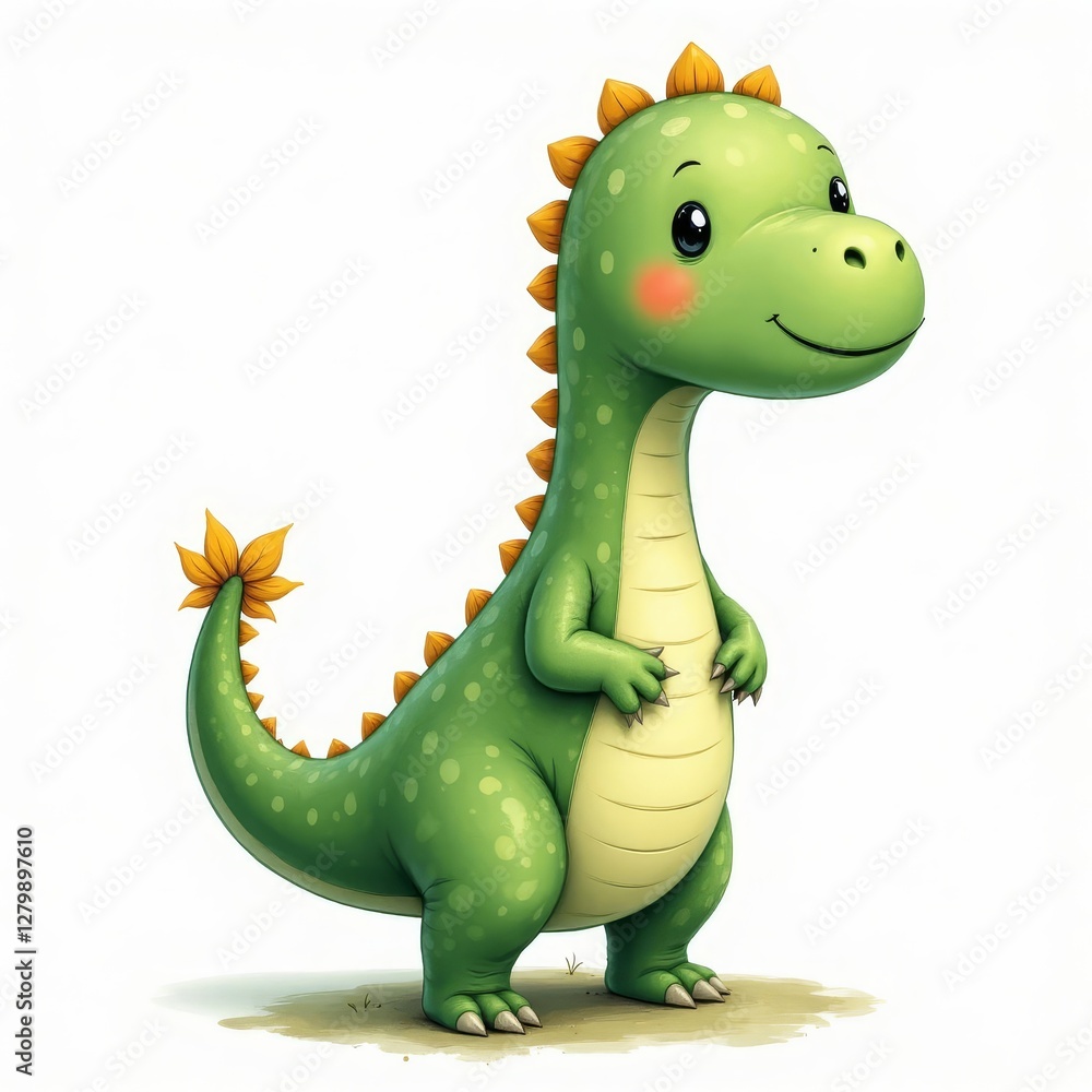 Fototapeta premium Cute green cartoon dinosaur with yellow scales