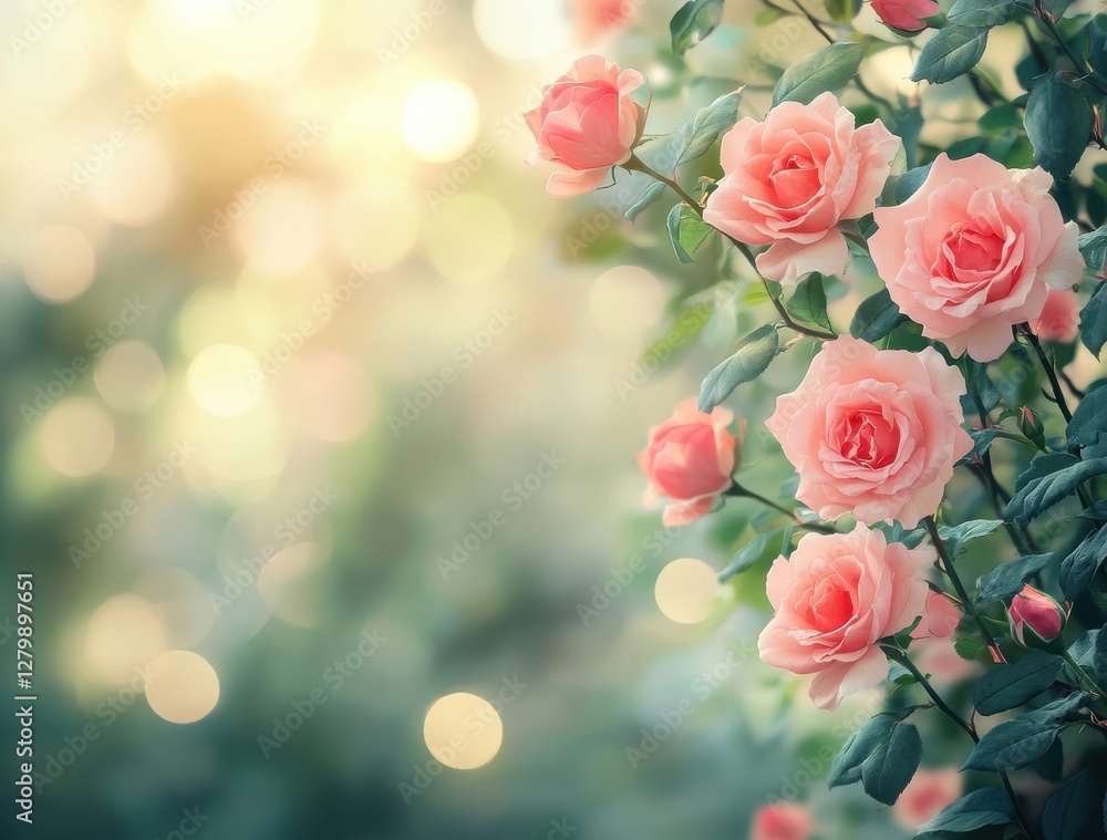 Beautiful Soft Pink Roses Blossoming in a Garden with a Dreamy Bokeh Background Lighting for Nature and Floral Photography Beautiful Soft Pink Roses Blossoming in a Garden with a Dreamy Bokeh Background Lighting for Nature and Floral Photography