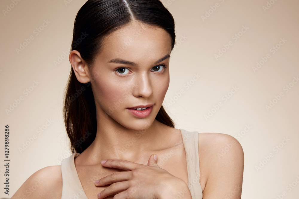 Beautiful young woman with natural makeup and a relaxed expression, showcasing healthy skin and subtle elegance against a soft beige background Beautiful young woman with natural makeup and a relaxed expression, showcasing healthy skin and subtle elegance against a soft beige background