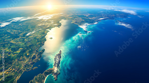 Stunning aerial view of a coastline at sunrise. Lush green landscape meets vibrant turquoise ocean waters.  Sunlight illuminates the scene, creating a breathtaking panorama.